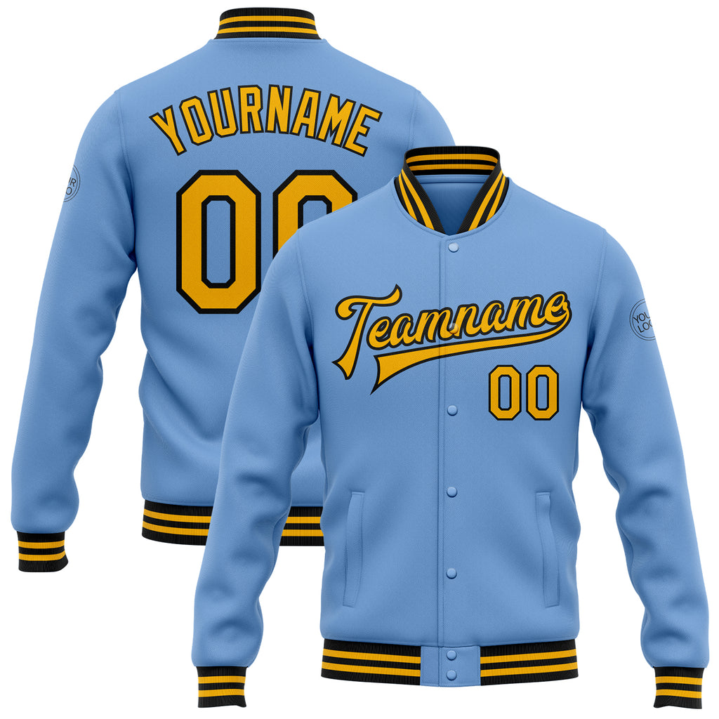 Custom Light Blue Gold-Black Bomber Full-Snap Varsity Letterman Jacket