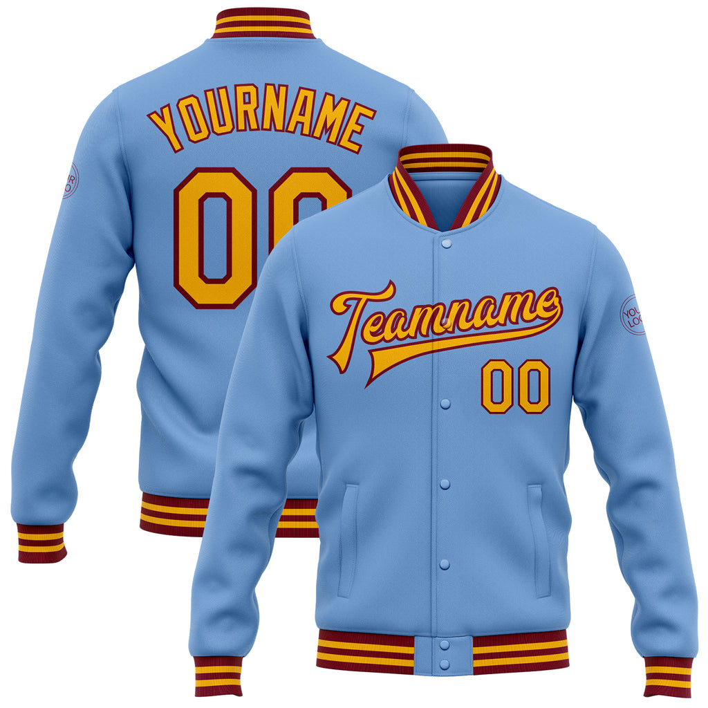 Custom Light Blue Gold-Crimson Bomber Full-Snap Varsity Letterman Jacket