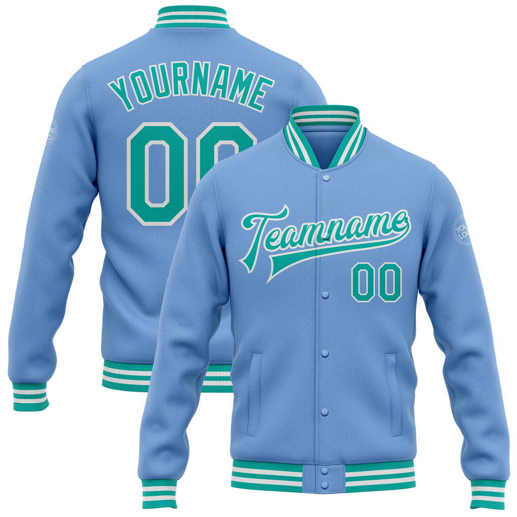 Custom Light Blue Aqua-White Bomber Full-Snap Varsity Letterman Jacket