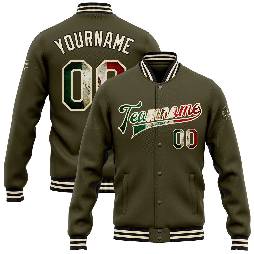 Custom Olive Vintage Mexican Flag Cream-Black Bomber Full-Snap Varsity Letterman Salute To Service Jacket