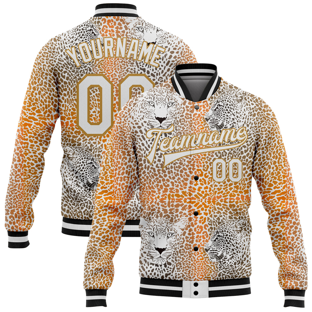 Custom Old Gold White-Black Leopard 3D Pattern Design Bomber Full-Snap Varsity Letterman Jacket