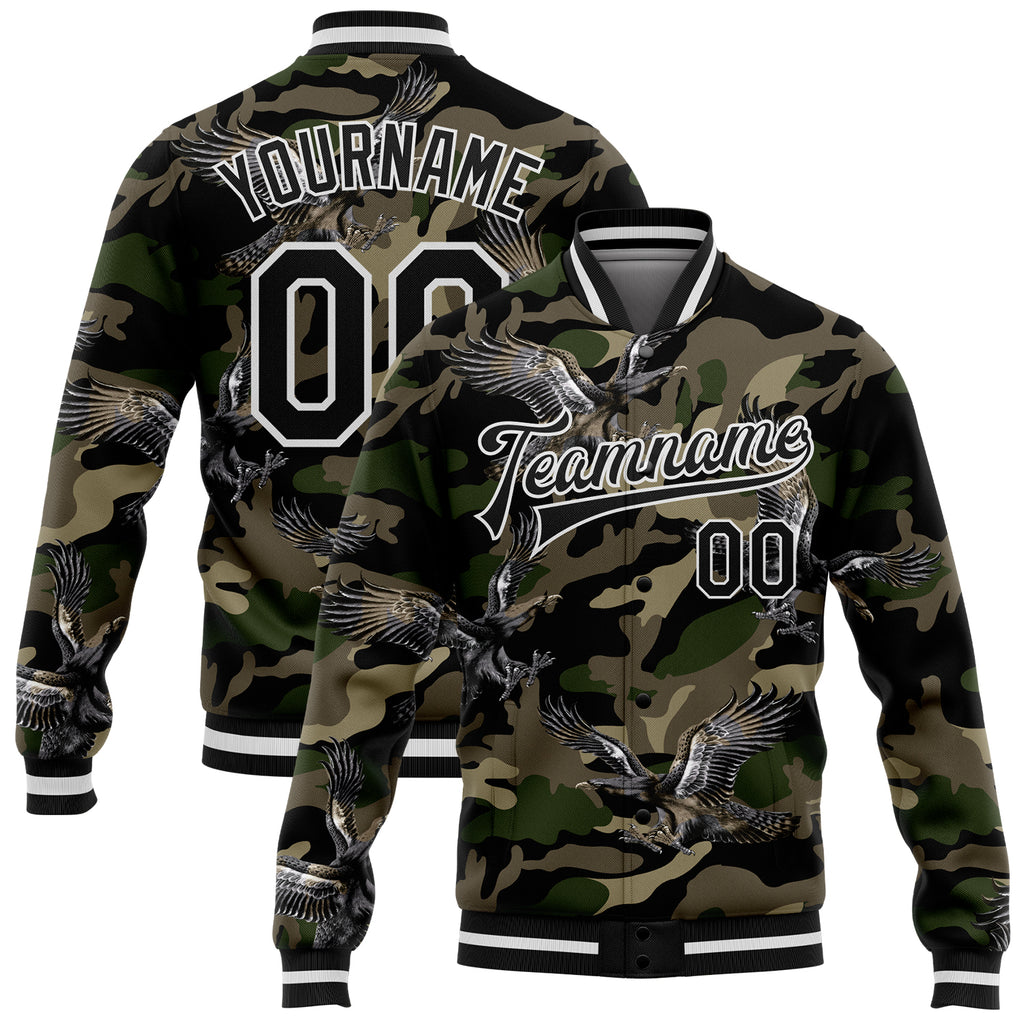 Custom Camo Black-White Eagle 3D Pattern Design Bomber Full-Snap Varsity Letterman Salute To Service Jacket