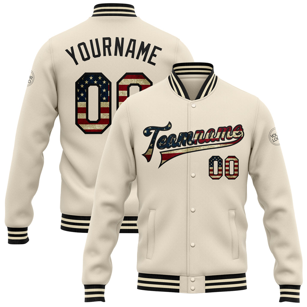 Custom Cream Vintage USA Flag-Black Bomber Full-Snap Varsity Letterman Jacket