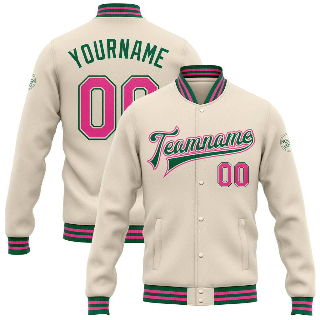 Custom Cream Pink-Kelly Green Bomber Full-Snap Varsity Letterman Jacket