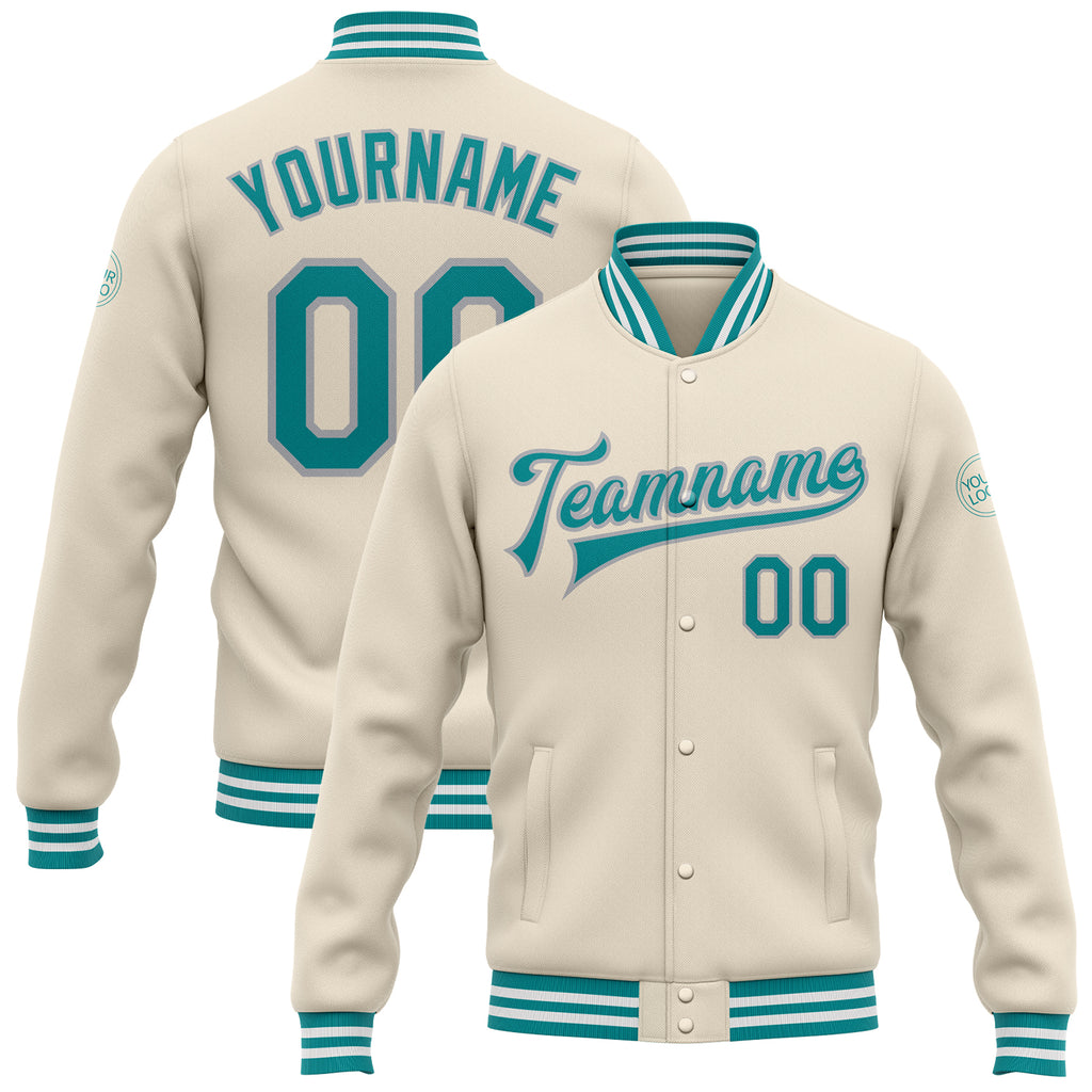 Custom Cream Teal-Gray Bomber Full-Snap Varsity Letterman Jacket