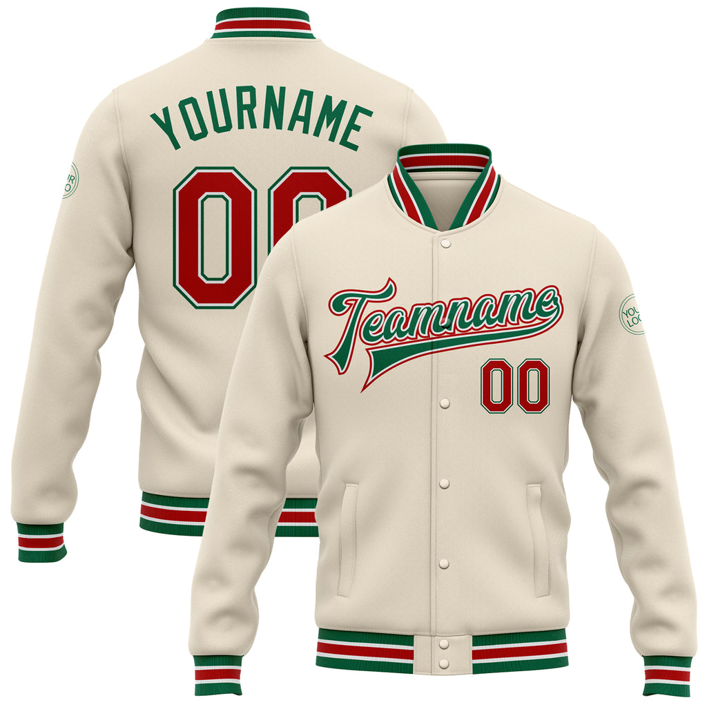 Custom Cream Red-Kelly Green Bomber Full-Snap Varsity Letterman Jacket