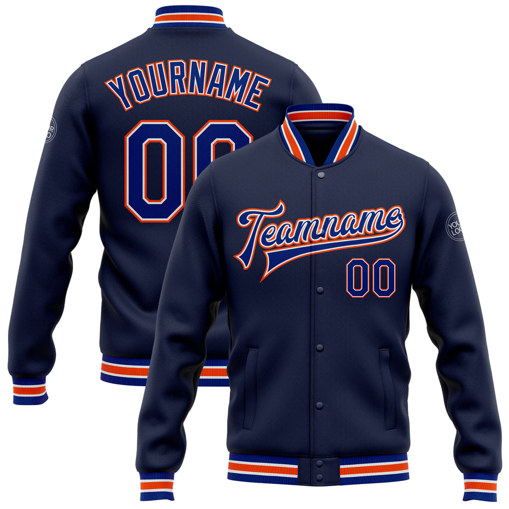 Custom Navy Royal-Orange Bomber Full-Snap Varsity Letterman Jacket