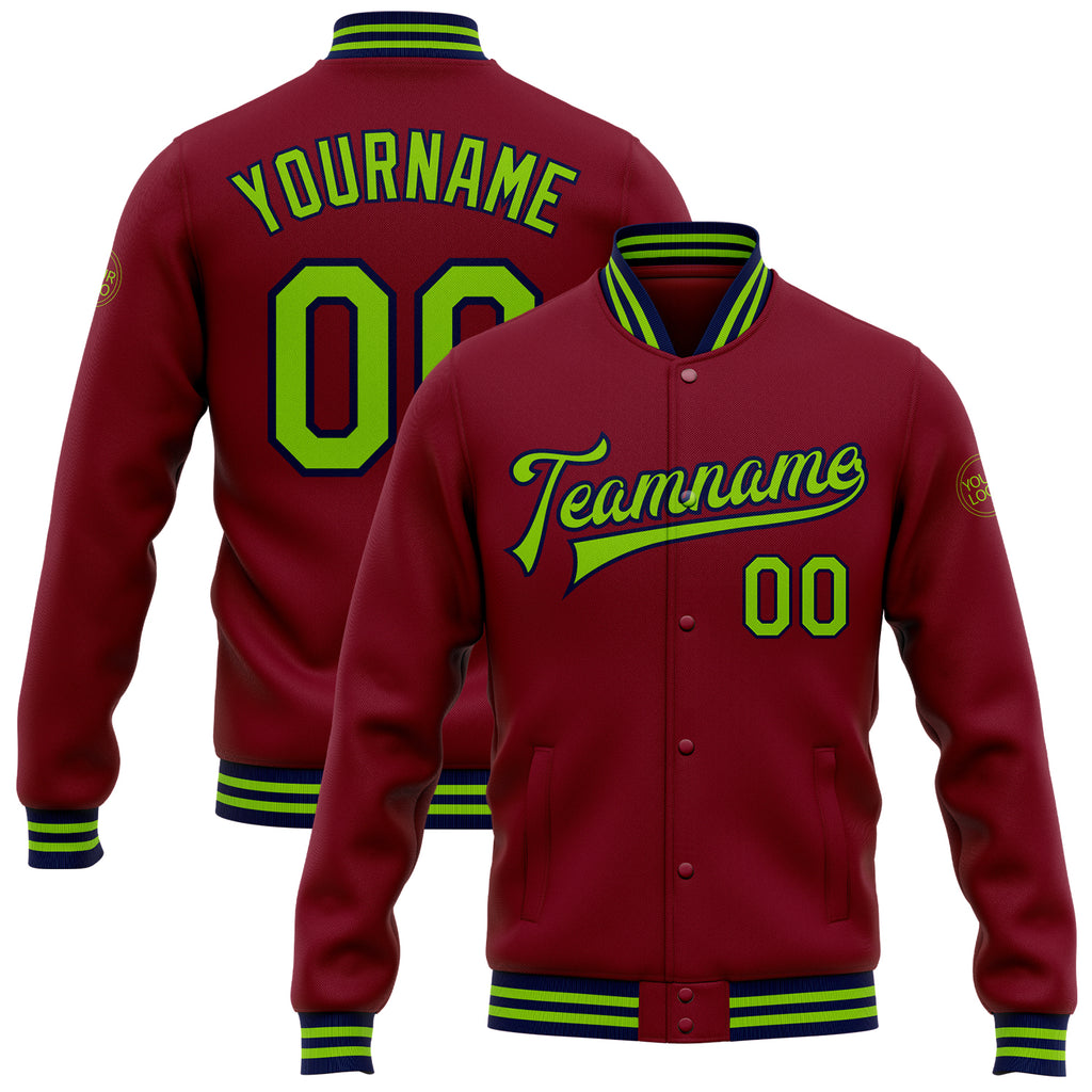 Custom Crimson Neon Green-Navy Bomber Full-Snap Varsity Letterman Jacket