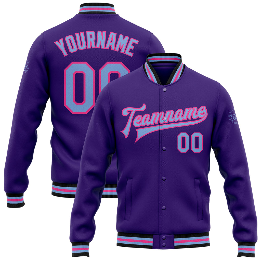 Custom Purple Light Blue Pink-Black Bomber Full-Snap Varsity Letterman Jacket