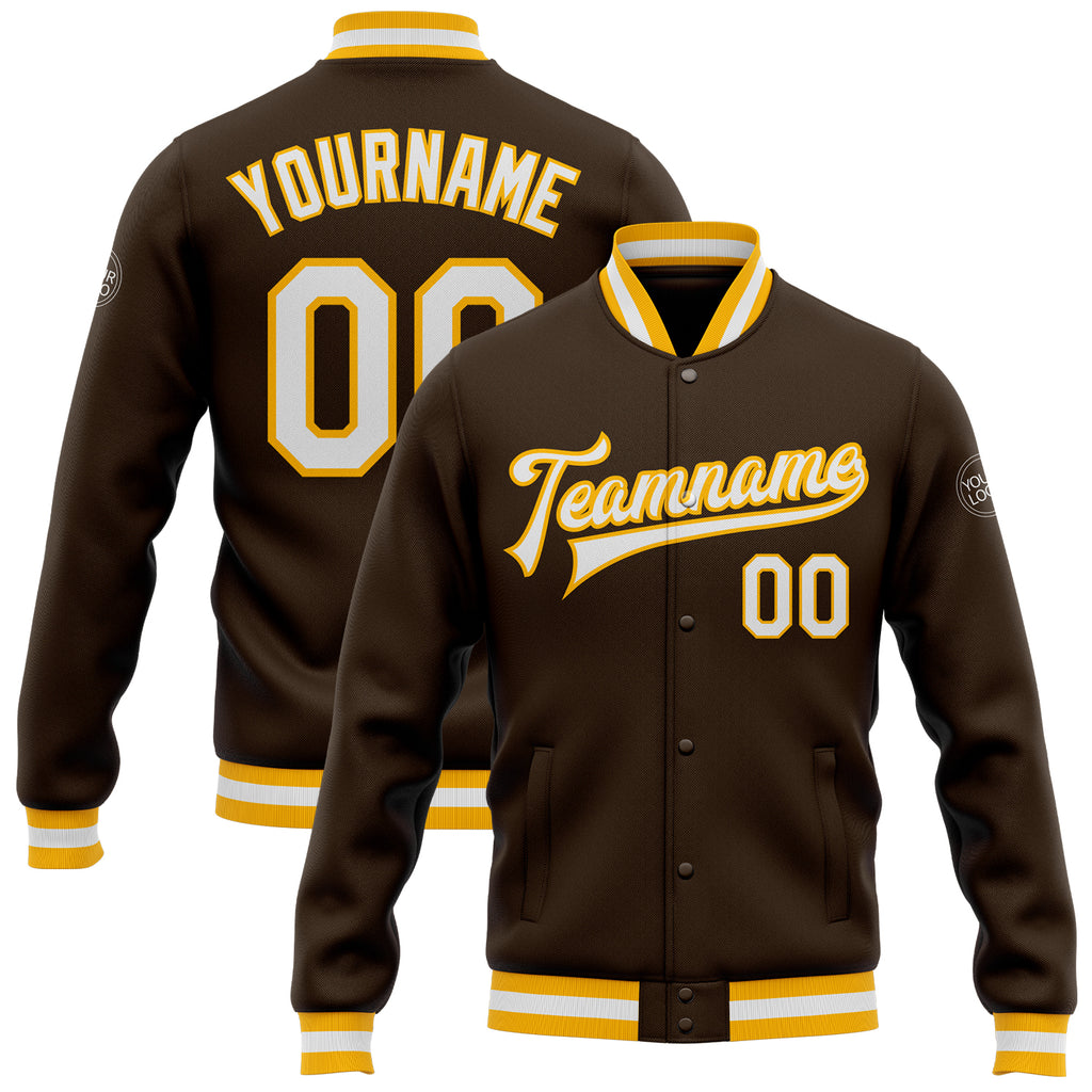 Custom Brown White-Gold Bomber Full-Snap Varsity Letterman Jacket