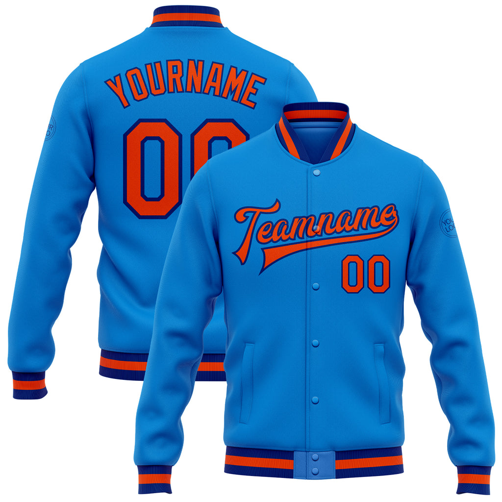 Custom Electric Blue Orange-Royal Bomber Full-Snap Varsity Letterman Jacket