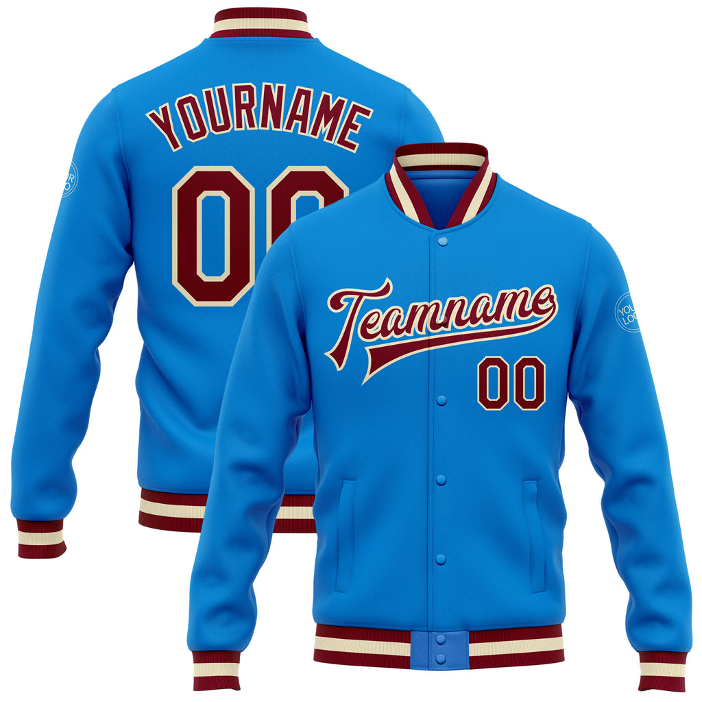 Custom Electric Blue Maroon-Cream Bomber Full-Snap Varsity Letterman Jacket