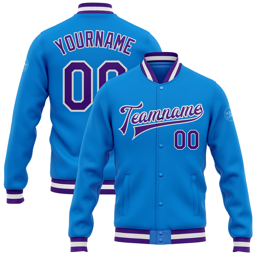 Custom Electric Blue Purple-White Bomber Full-Snap Varsity Letterman Jacket