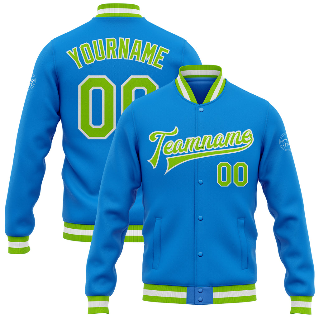 Custom Electric Blue Neon Green-White Bomber Full-Snap Varsity Letterman Jacket