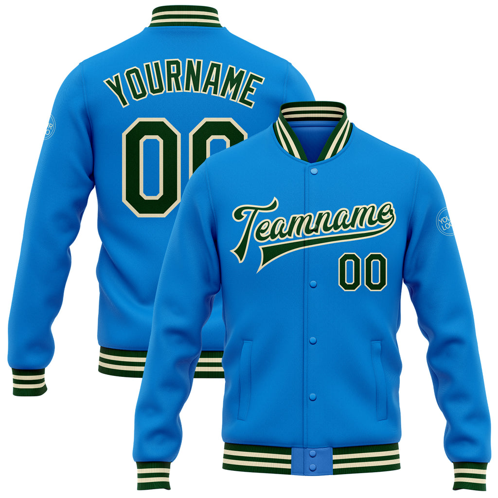 Custom Electric Blue Green-Cream Bomber Full-Snap Varsity Letterman Jacket