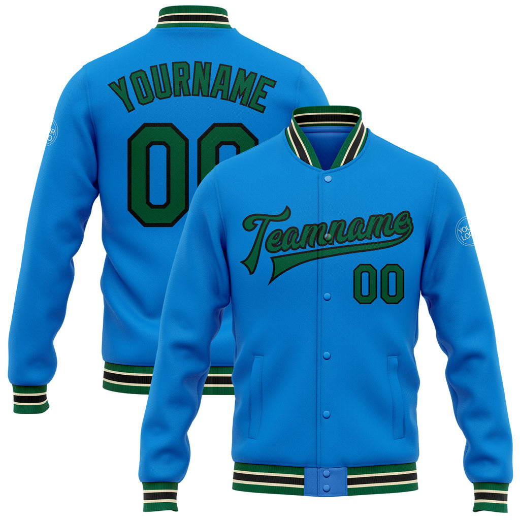 Custom Electric Blue Kelly Green Black-Cream Bomber Full-Snap Varsity Letterman Jacket