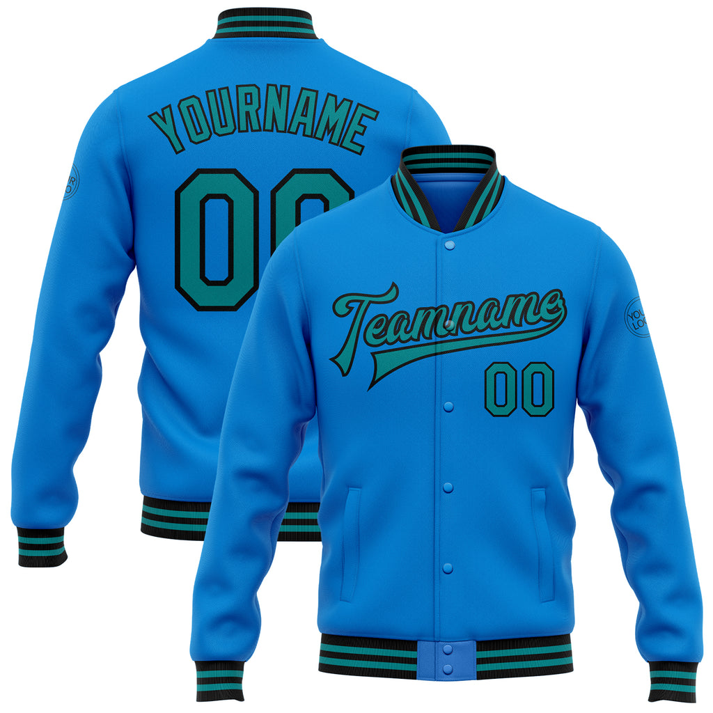 Custom Electric Blue Teal-Black Bomber Full-Snap Varsity Letterman Jacket