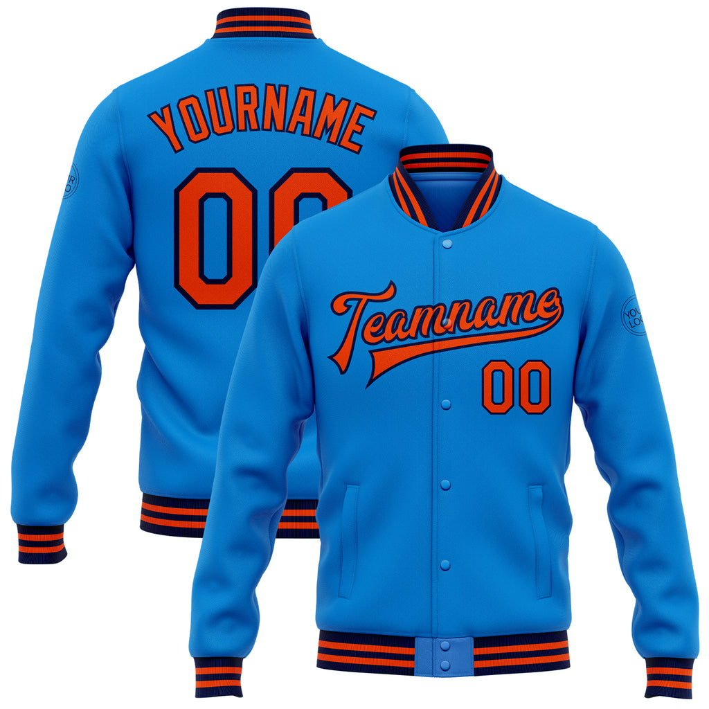 Custom Electric Blue Orange-Navy Bomber Full-Snap Varsity Letterman Jacket