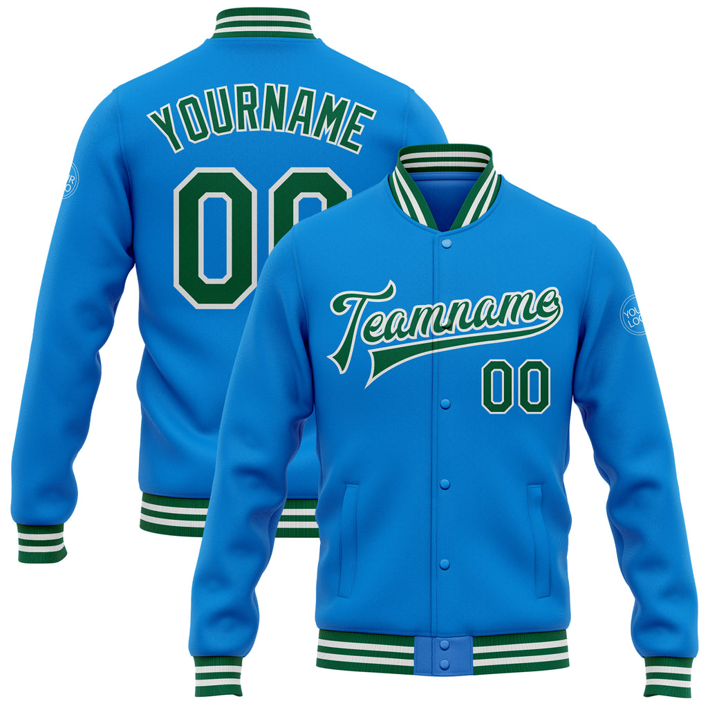 Custom Electric Blue Kelly Green-White Bomber Full-Snap Varsity Letterman Jacket