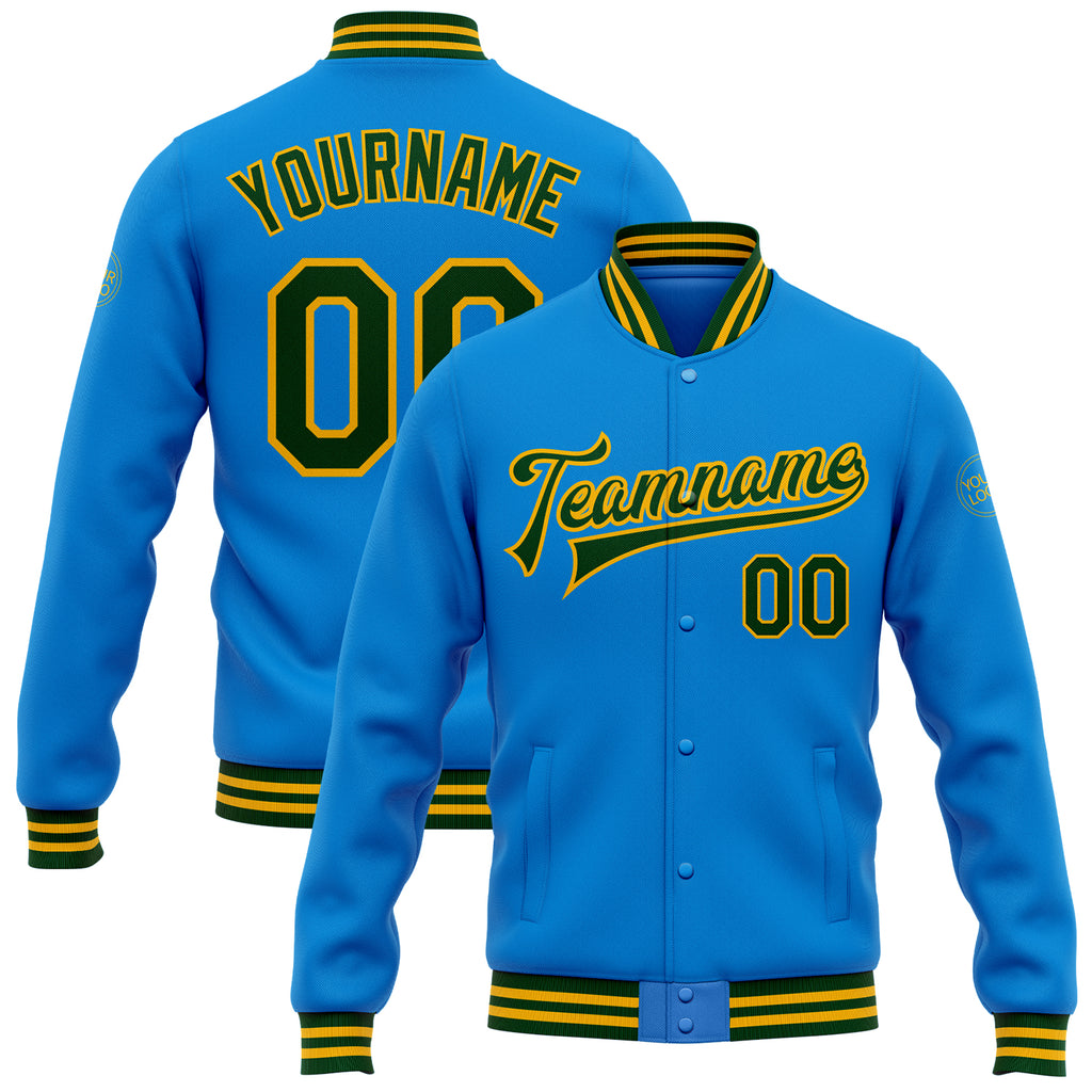 Custom Electric Blue Green-Gold Bomber Full-Snap Varsity Letterman Jacket