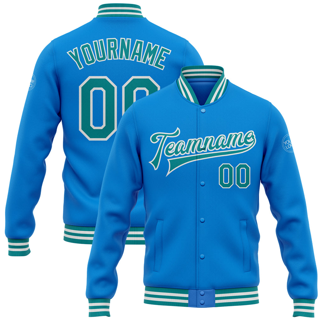 Custom Electric Blue Teal-White Bomber Full-Snap Varsity Letterman Jacket