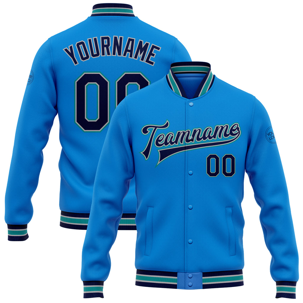 Custom Electric Blue Navy Gray-Teal Bomber Full-Snap Varsity Letterman Jacket