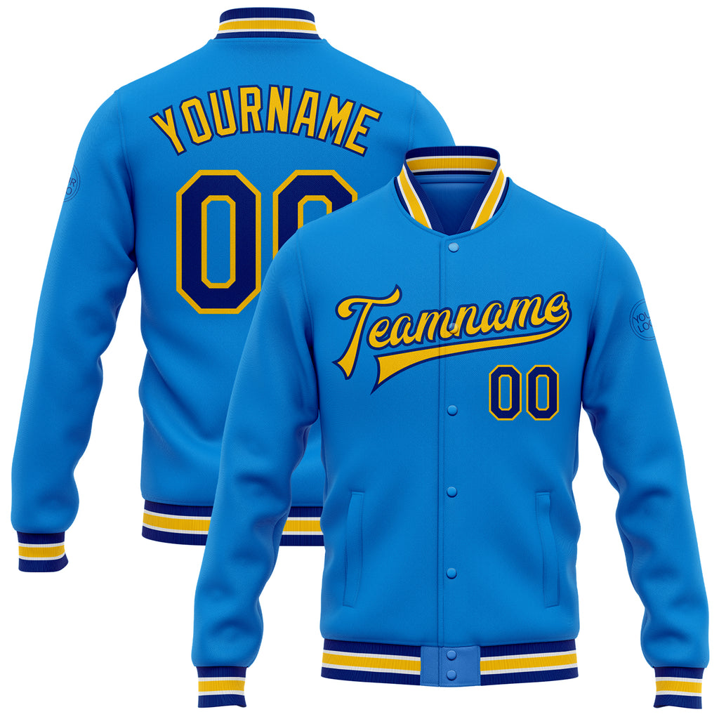 Custom Electric Blue Royal-Yellow Bomber Full-Snap Varsity Letterman Jacket