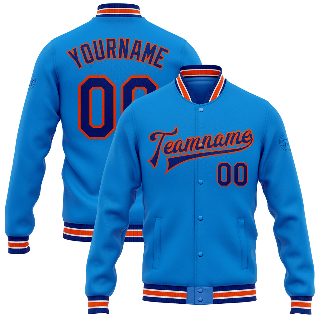 Custom Electric Blue Royal-Orange Bomber Full-Snap Varsity Letterman Jacket