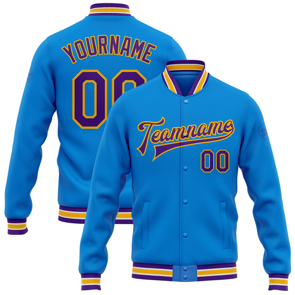 Custom Electric Blue Purple-Gold Bomber Full-Snap Varsity Letterman Jacket