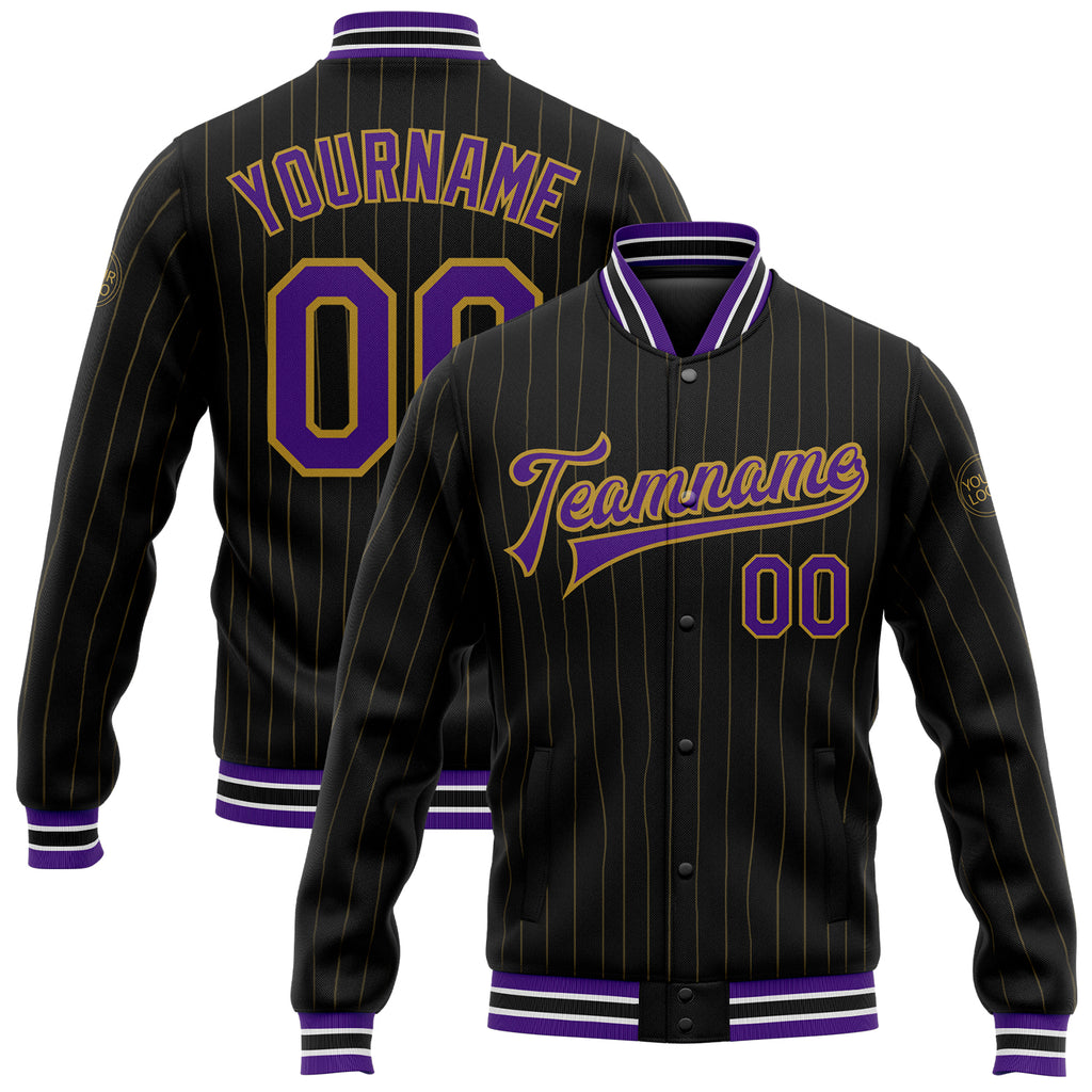 Custom Black Old Gold Pinstripe Purple-White Bomber Full-Snap Varsity Letterman Jacket