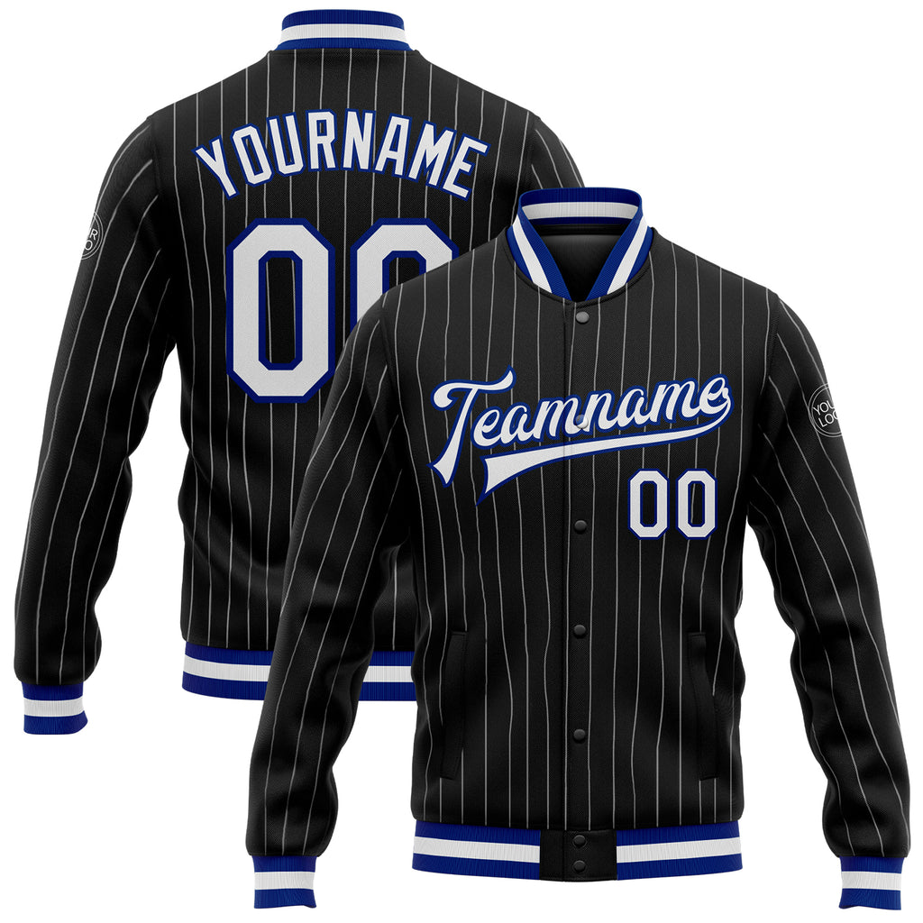 Custom Black White Pinstripe Royal Bomber Full-Snap Varsity Letterman Jacket