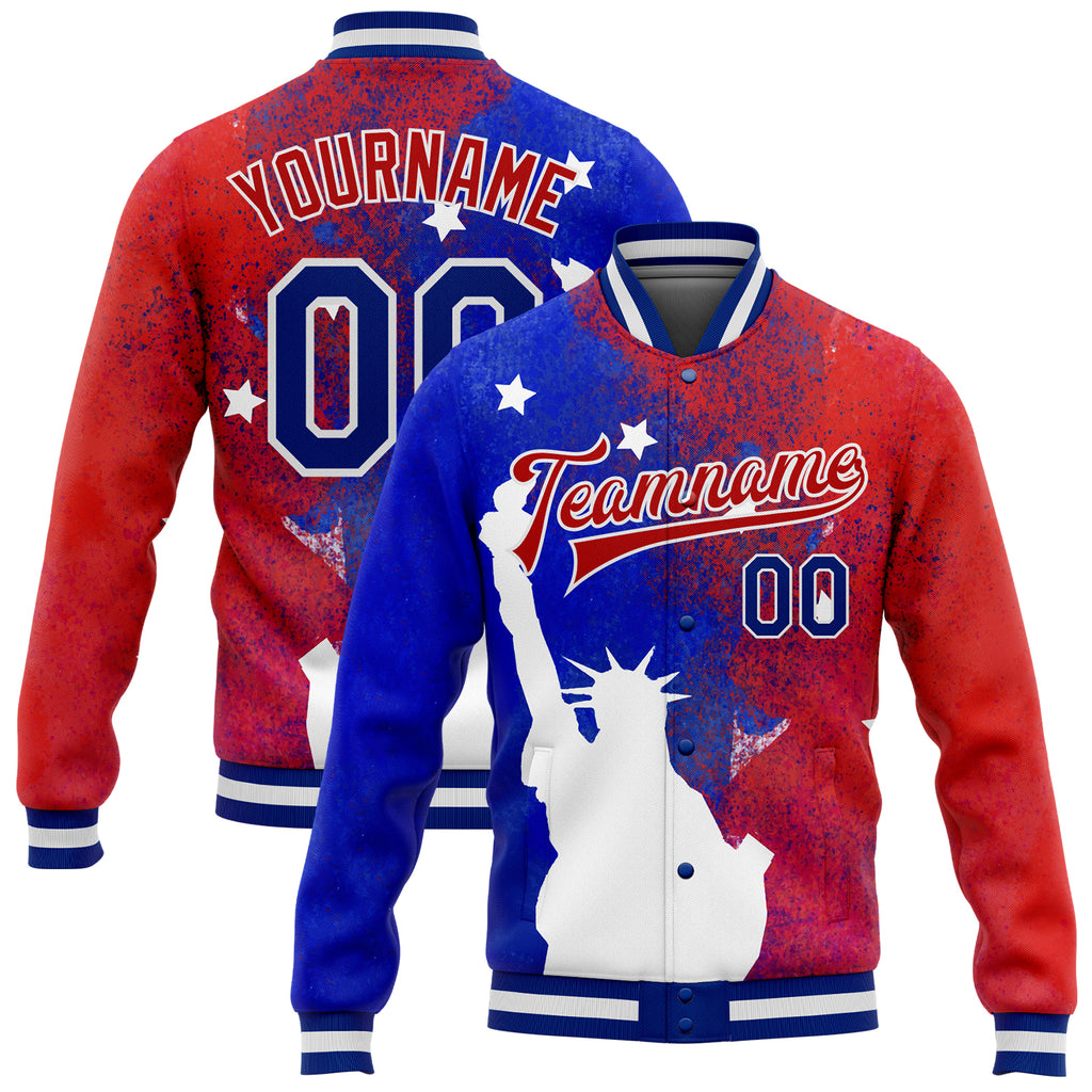 Custom Red Royal-White Statue of Liberty 3D Pattern Design Bomber Full-Snap Varsity Letterman Jacket