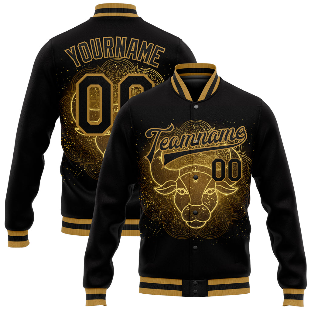 Custom Black Old Gold Taurus 3D Pattern Design Bomber Full-Snap Varsity Letterman Jacket