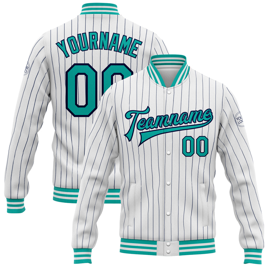 Custom White Navy Pinstripe Aqua Bomber Full-Snap Varsity Letterman Jacket