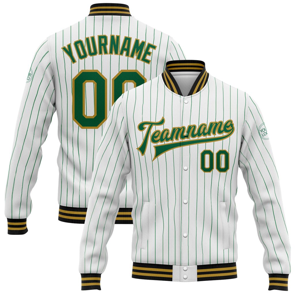 Custom White Kelly Green Pinstripe Old Gold-Black Bomber Full-Snap Varsity Letterman Jacket