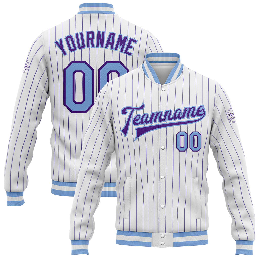 Custom White Purple Pinstripe Light Blue Bomber Full-Snap Varsity Letterman Jacket