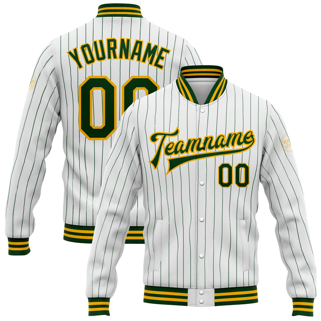 Custom White Green Pinstripe Gold Bomber Full-Snap Varsity Letterman Jacket