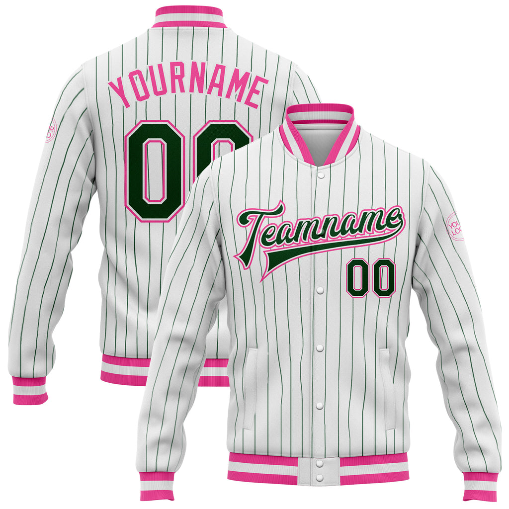 Custom White Green Pinstripe Pink Bomber Full-Snap Varsity Letterman Jacket