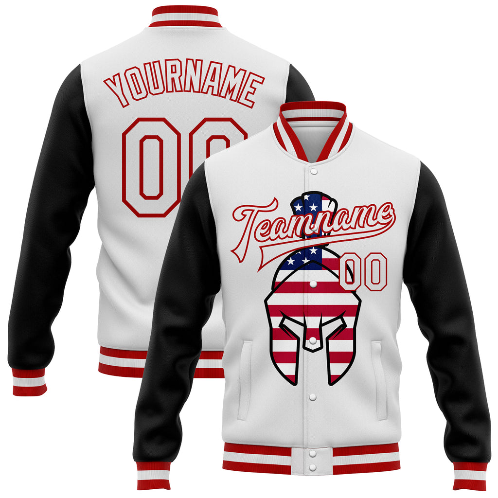 Custom White Red-Black Spartan Logo With USA Flag 3D Pattern Design Bomber Full-Snap Varsity Letterman Two Tone Jacket