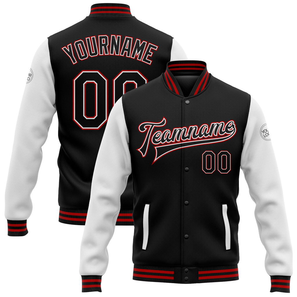 Custom Black White-Red Bomber Full-Snap Varsity Letterman Two Tone Jacket