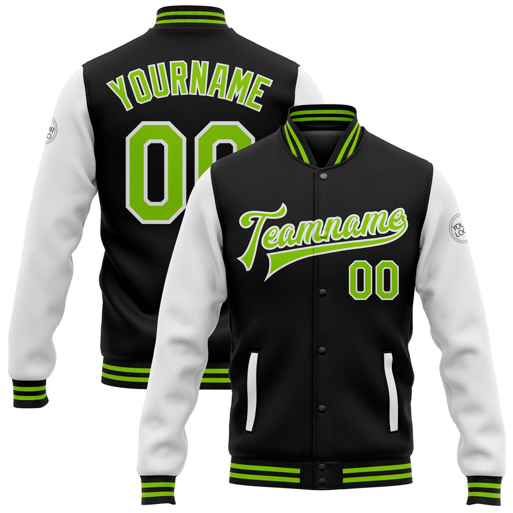 Custom Black Neon Green-White Bomber Full-Snap Varsity Letterman Two Tone Jacket