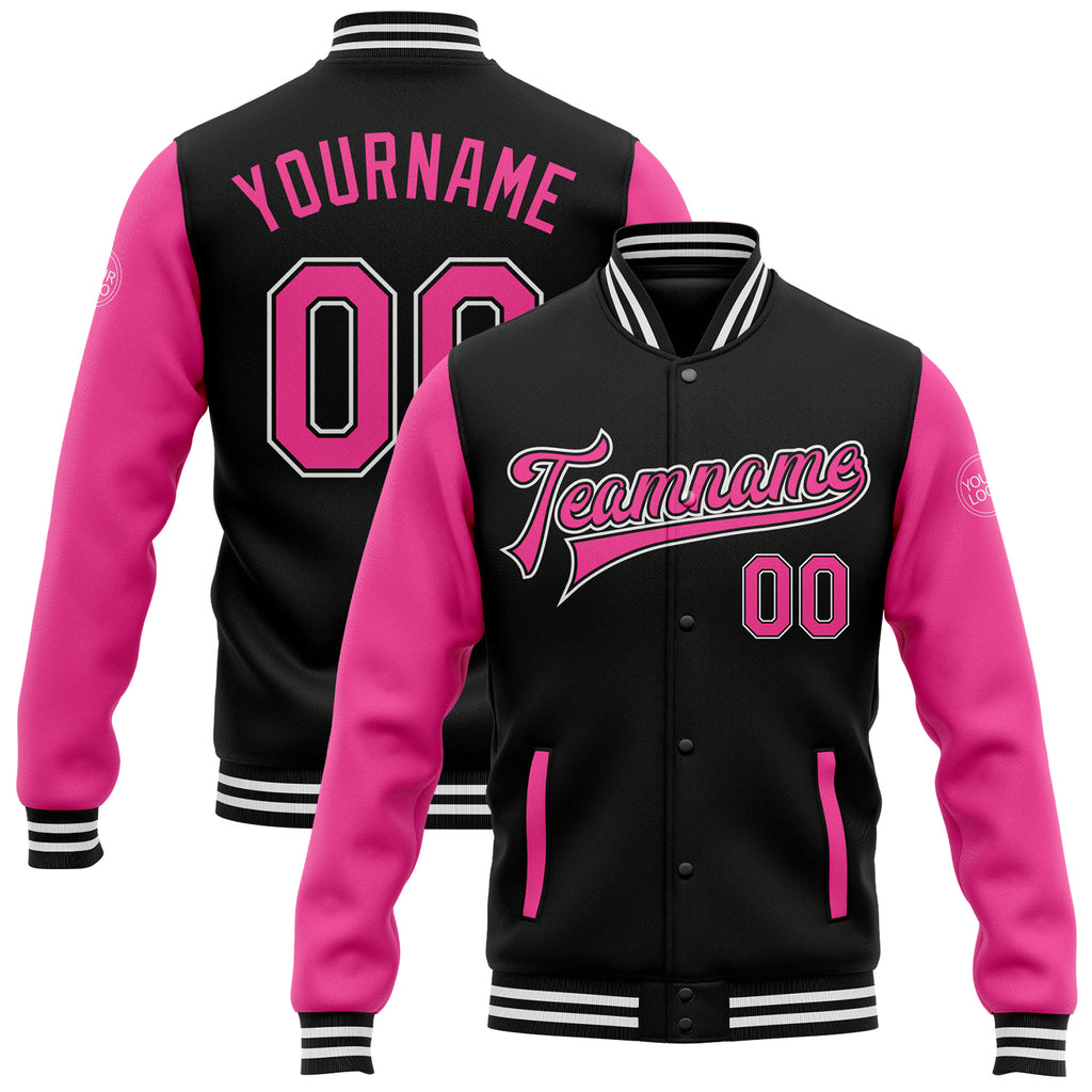 Custom Black Pink-White Bomber Full-Snap Varsity Letterman Two Tone Jacket