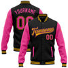 Custom Black Pink-Gold Bomber Full-Snap Varsity Letterman Two Tone Jacket