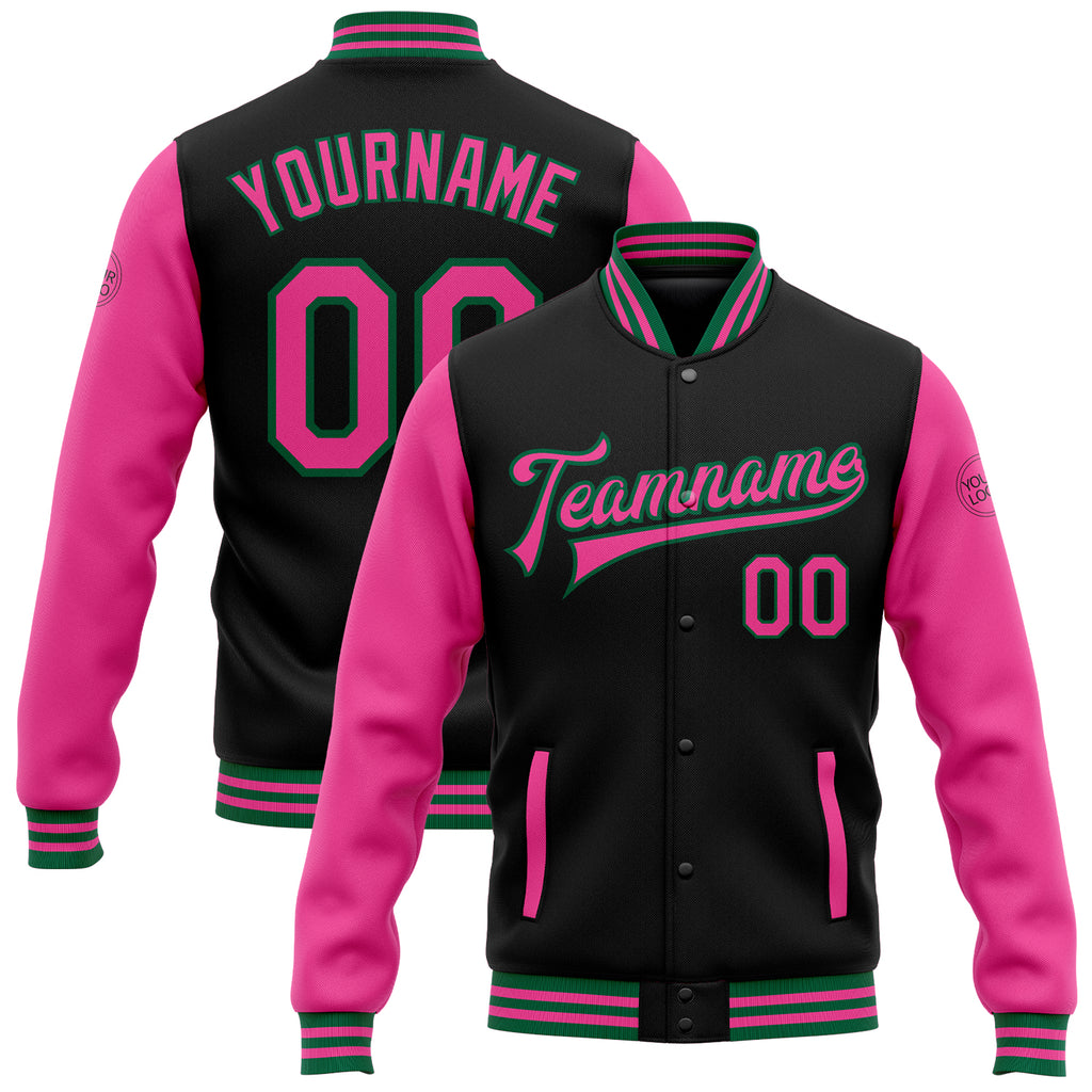 Custom Black Pink-Kelly Green Bomber Full-Snap Varsity Letterman Two Tone Jacket