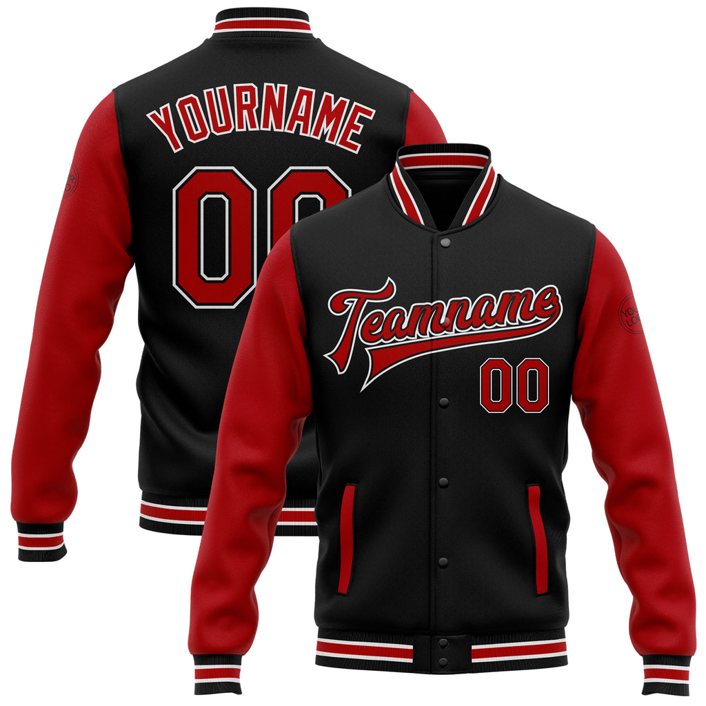 Custom Black Red-White Bomber Full-Snap Varsity Letterman Two Tone Jacket