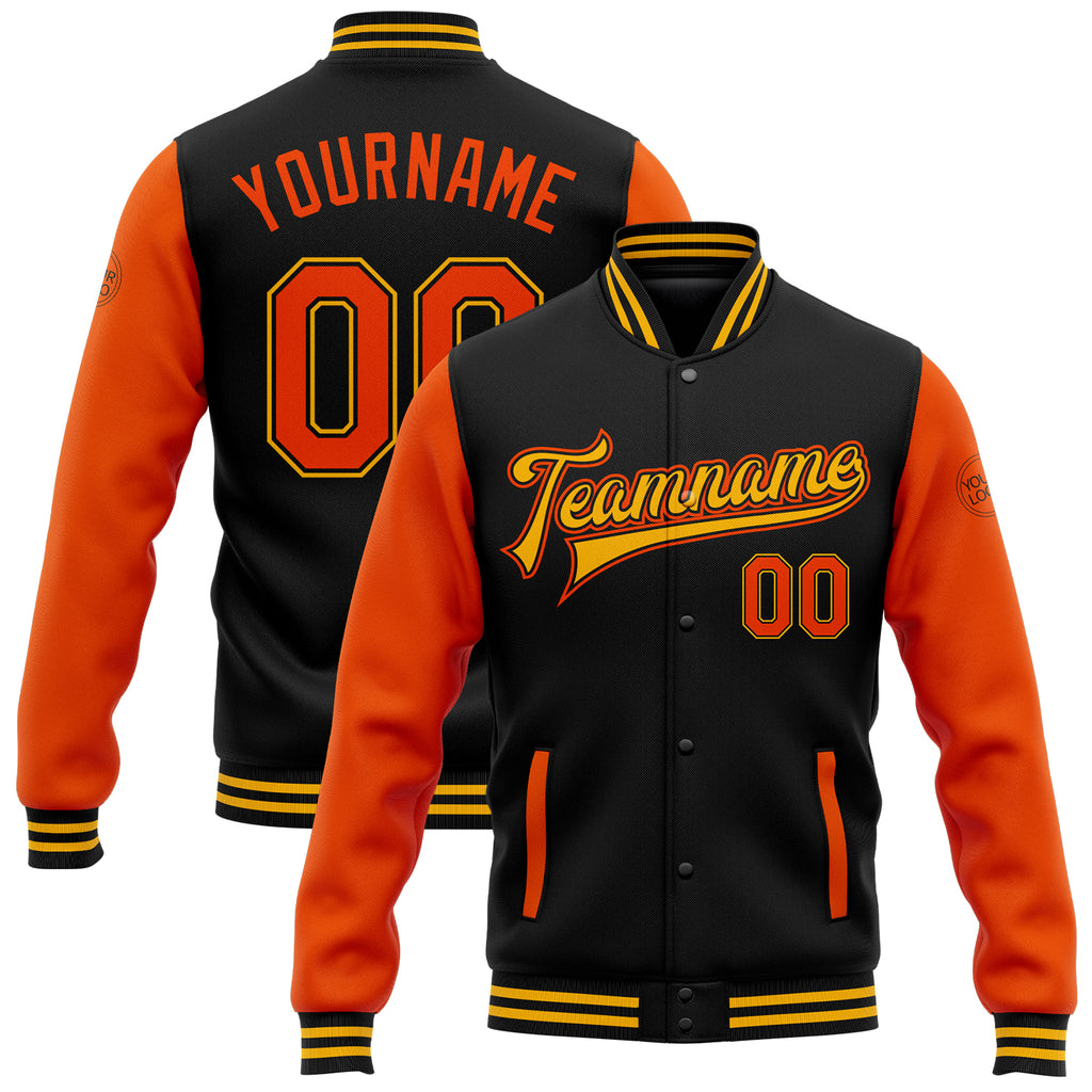 Custom Black Orange-Gold Bomber Full-Snap Varsity Letterman Two Tone Jacket