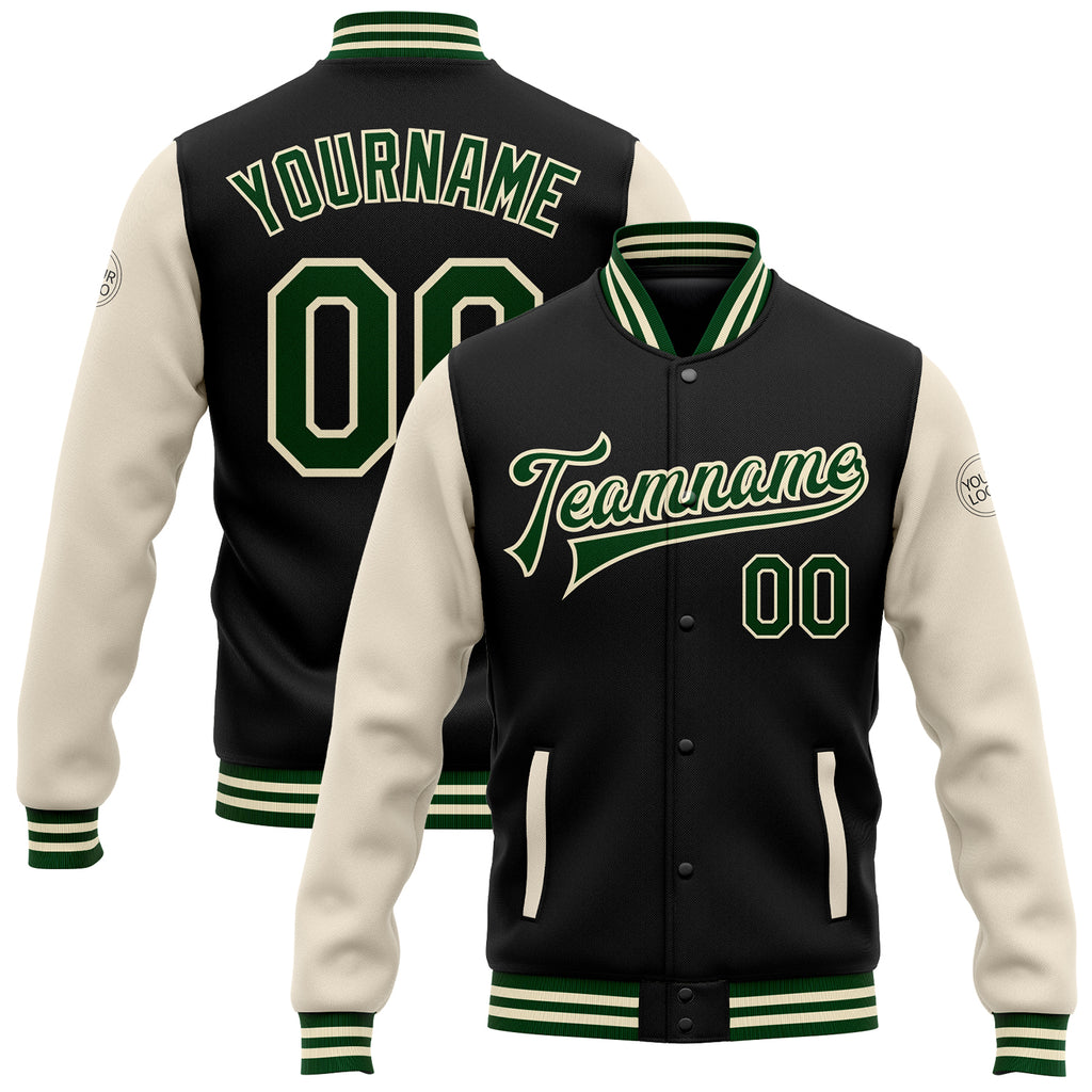 Custom Black Green-Cream Bomber Full-Snap Varsity Letterman Two Tone Jacket
