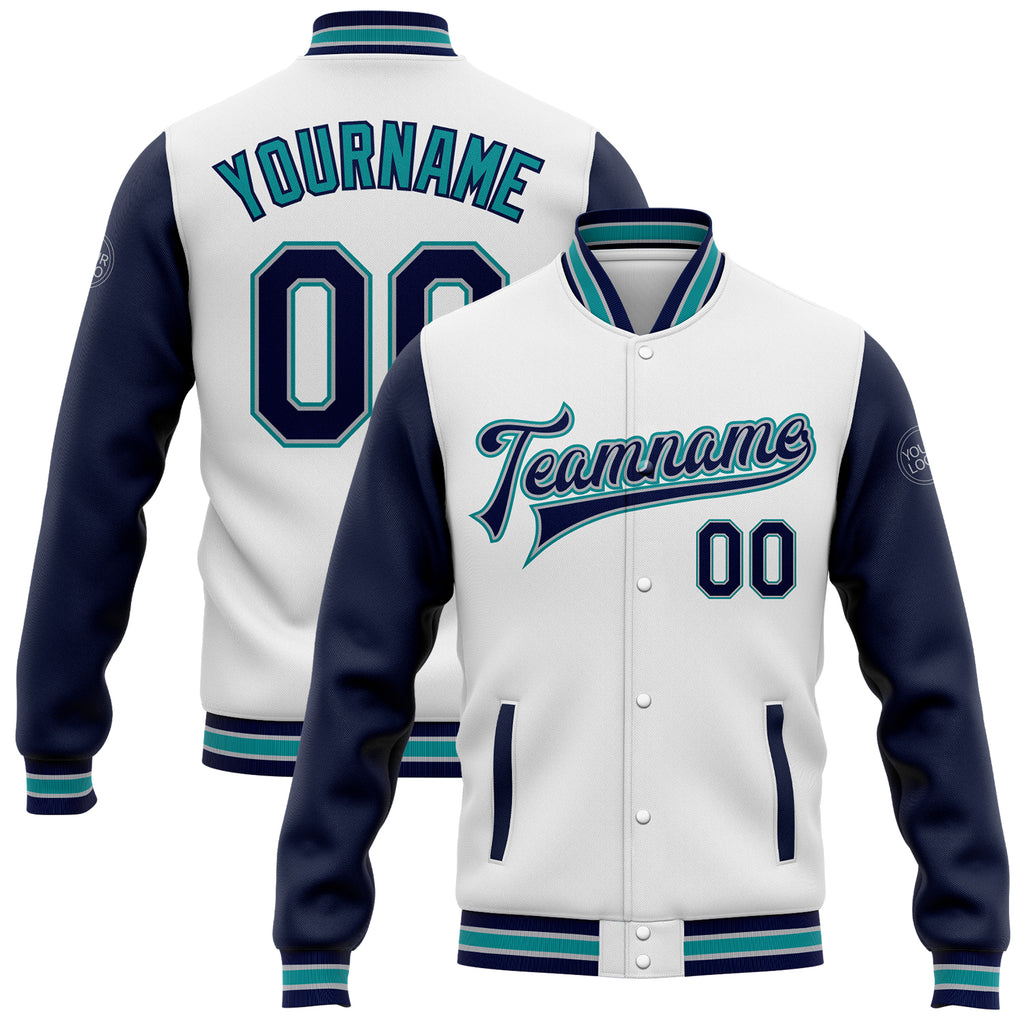 Custom White Navy Gray-Teal Bomber Full-Snap Varsity Letterman Two Tone Jacket