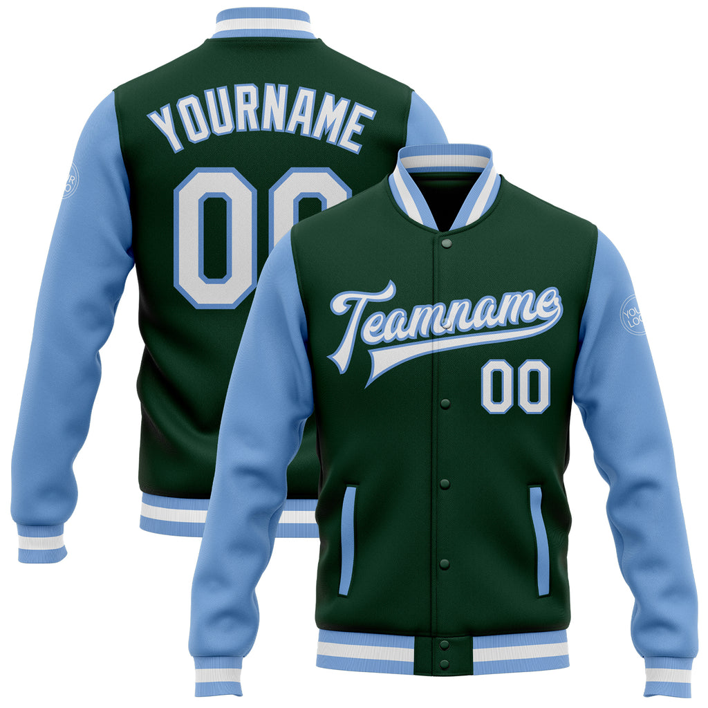 Custom Green White-Light Blue Bomber Full-Snap Varsity Letterman Two Tone Jacket