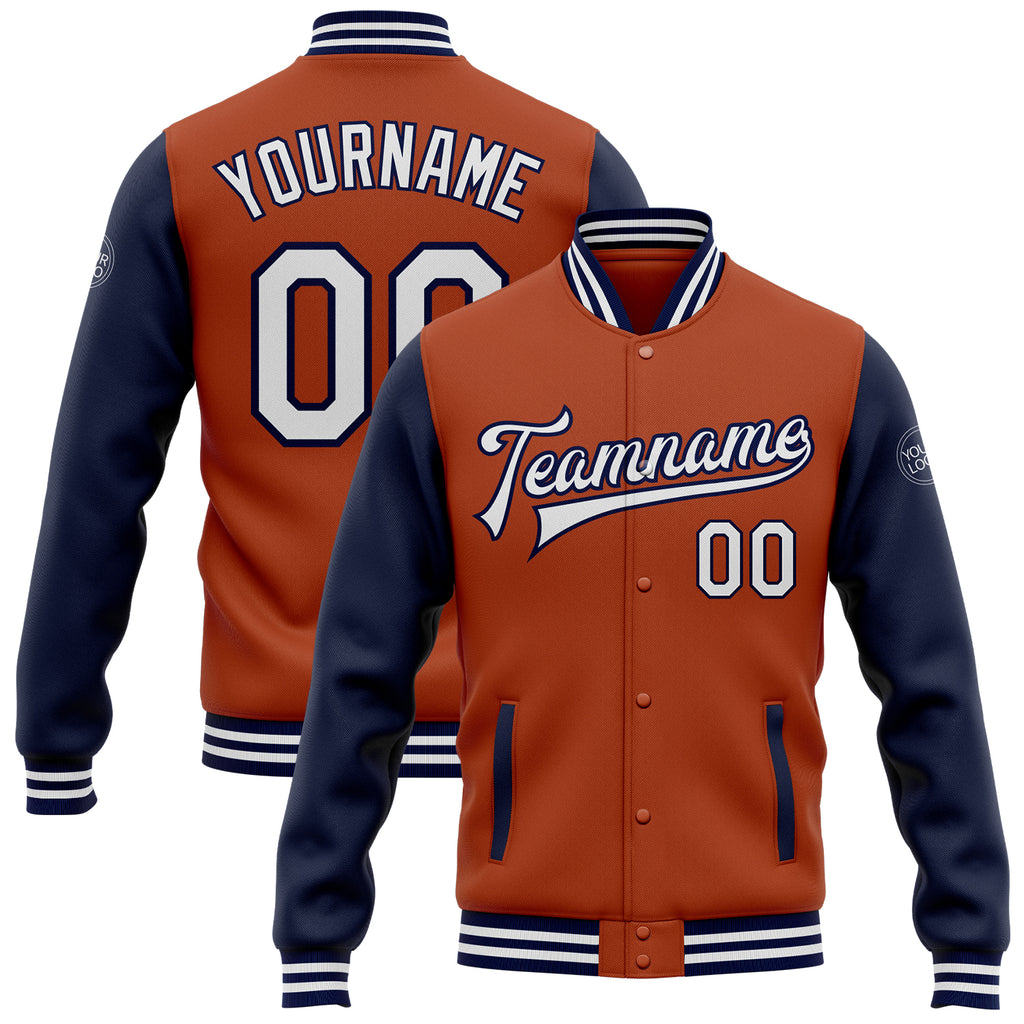 Custom Texas Orange White-Navy Bomber Full-Snap Varsity Letterman Two Tone Jacket